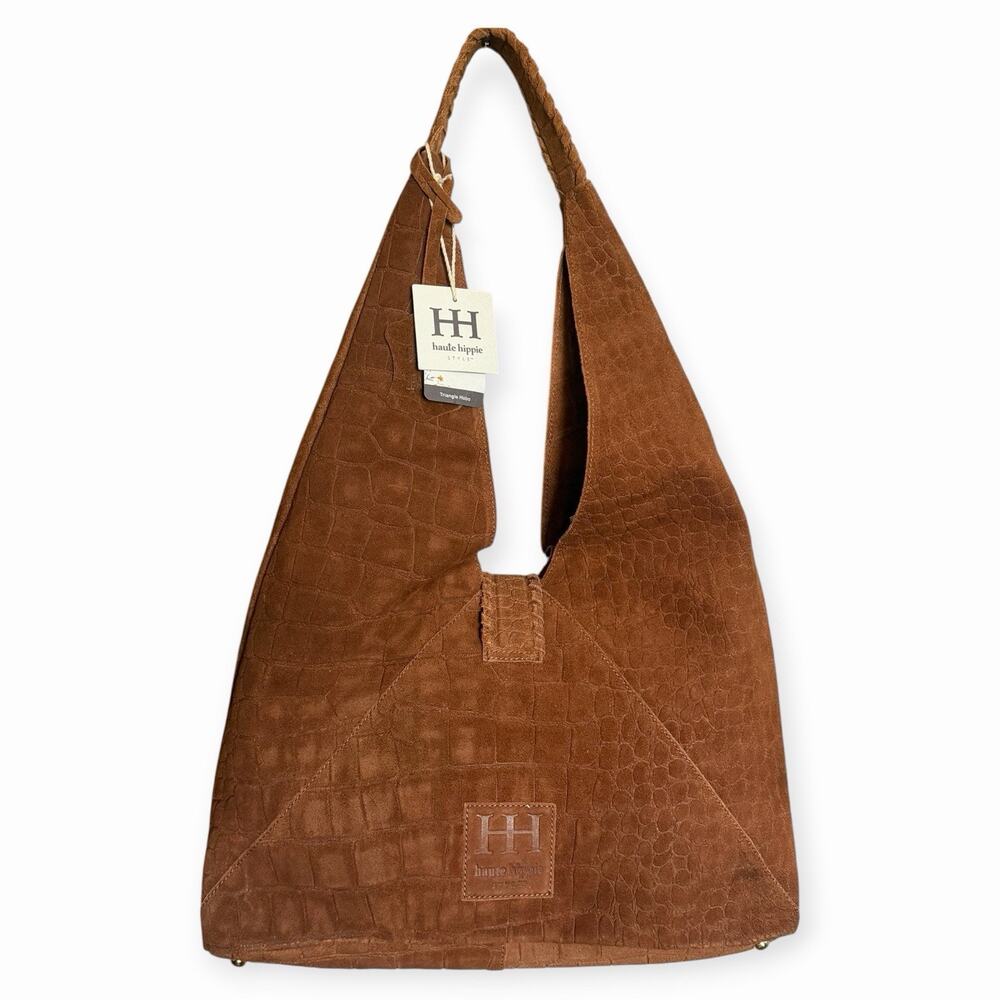 NWT Haute Hippie Triangle Suede Hobo Bag Brown Croc Embossed Boho Shoulder Bag